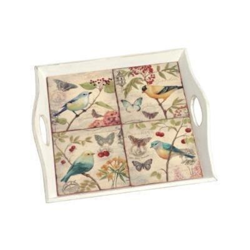 This is a tray with 4 individual ceramic tiles displaying botanical elements designed by Transomnia